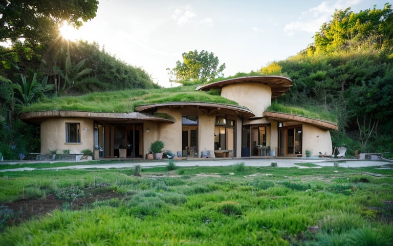A photograph of a symmetrical contemporary house with (((one hyperbolic paraboloid green roof))) and (((biological pool))) and ((base wall foundation)) in a tropical backyard, with high roof and long eaves, mustard yellow terracota plaster walls (((rustic clay stucco))), ((corner walls rounded)), ((rustic clay plaster)), (((terracotta walls with rounded corners, organic curves))), (((rustic earth plaster, mud))), (((hyperbolic-shaped green roof with wooden edge))), (((wooden roof structure, wooden rake, wooden fascia board))), eaves, ((roof with wooden structure)), In Bahia (((tropical garden))), ((natural houses, organic buildings, organic architecture)), ecovillage, sustainable architecture, bioconstruction architecture, solarpunk architecture, (((grass roof, green roof, green wave roof, rounded roof, vegetated roofs))), (((rock base foundation wall, foundation height 30cm, stone base wall 30cm high))), ((green architecture)), passive house, clear sky in the background, painful beauty, modern, imposing, green house, ((Bali hobbit Hadid Style)), super resolution, cinematic, color grading, editorial photography, photography, photo shoot, (((dramatic front eye top angle view))), O 50mm, depth of field, intricate details, natural colors, sharp focus, warm light, shutter speed 1/1000, F/22, White Balance, Ray Trace Reflections, Lumen Reflections, Screen Space Reflections, Diffraction Rating, Chromatic Aberration, GB Shift, Partial Lighting, Backlighting, Daylighting, Scan Lines, ambient occlusion, antialiasing, shaders, OpenGL-Shaders, GLSL-Shaders, Post-processing, post-production, shading, tone mapping, incredibly detailed and complex, hypermaximalist, elegant, hyperrealistic, super detailed, dynamic pose, Fujifilm XT