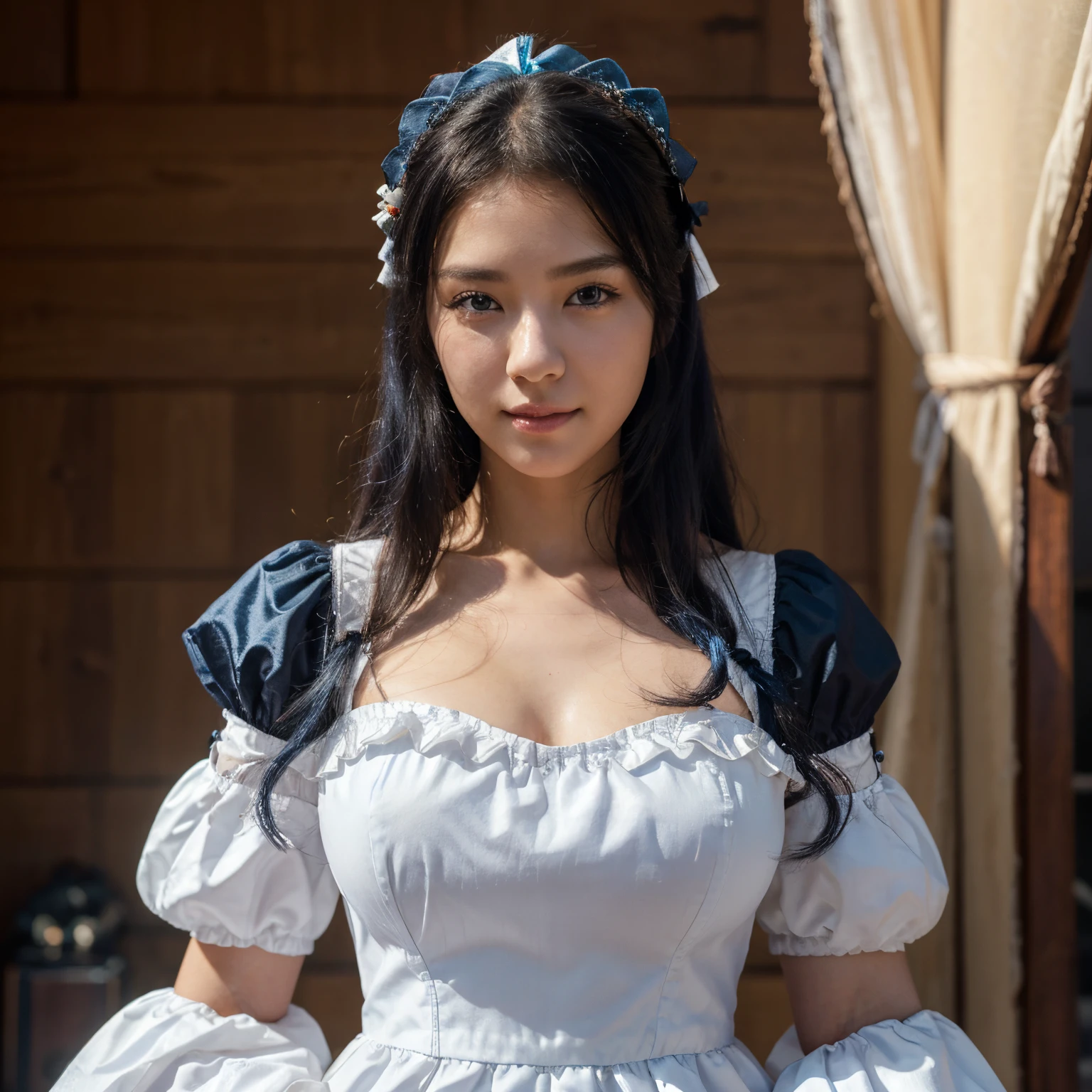 korean,realistic, masterpiece, final detail, photo realistic, intricate detail, octane rendering, 8K, 1Girl, full bodyperfect face, beautiful face, NSWF, trough reference, detail hair,, black bow, black gloves, black legs, blue eyes, blue hair, bow, collarbone, dress, drill hair, ruffles, ruffles, gloves, gwen, headdress, highres, long hair, parted lips, puffy sleeves, purple eyes, smile, solo, white dress, oil skin,