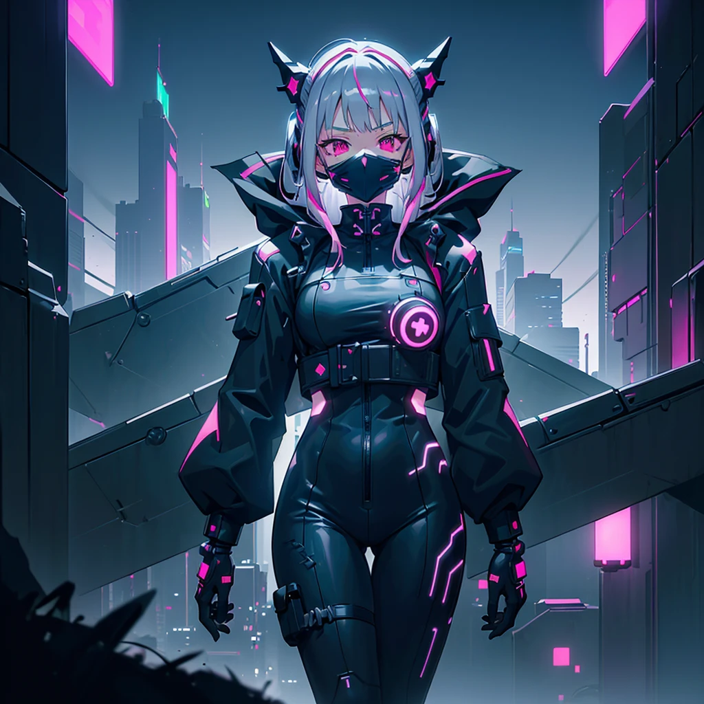 anime, (masterpiece, best quality, ultra-detailed, high-contrast), 1 girl (solo, full body, petite body, standing at the edge of skyscraper, (((cyber mask covering mouth, black cyber mask with neon pink))), silver hair, long flowing hair, glowing red ruby eyes, black one-piece suit), (skyscraper rooftop, overlooking a city, ((night time, darkness, low light pollution)) detailed background)