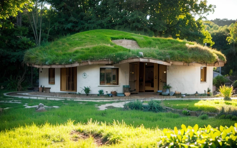 A photograph of a symmetrical contemporary house with (((one hyperbolic paraboloid green roof))) and (((biological pool))) and ((base wall foundation)) in a tropical backyard, with high roof and long eaves, mustard yellow terracota plaster walls (((rustic clay stucco))), ((corner walls rounded)), ((rustic clay plaster)), (((terracotta walls with rounded corners, organic curves))), (((rustic earth plaster, mud))), (((hyperbolic-shaped green roof with wooden edge))), (((wooden roof structure, wooden rake, wooden fascia board))), eaves, ((roof with wooden structure)), In Bahia (((tropical garden))), ((natural houses, organic buildings, organic architecture)), ecovillage, sustainable architecture, bioconstruction architecture, solarpunk architecture, (((grass roof, green roof, green wave roof, rounded roof, vegetated roofs))), (((rock base foundation wall, foundation height 30cm, stone base wall 30cm high))), ((green architecture)), passive house, clear sky in the background, painful beauty, modern, imposing, green house, ((Bali hobbit Hadid Style)), super resolution, cinematic, color grading, editorial photography, photography, photo shoot, (((dramatic front eye top angle view))), O 50mm, depth of field, intricate details, natural colors, sharp focus, warm light, shutter speed 1/1000, F/22, White Balance, Ray Trace Reflections, Lumen Reflections, Screen Space Reflections, Diffraction Rating, Chromatic Aberration, GB Shift, Partial Lighting, Backlighting, Daylighting, Scan Lines, ambient occlusion, antialiasing, shaders, OpenGL-Shaders, GLSL-Shaders, Post-processing, post-production, shading, tone mapping, incredibly detailed and complex, hypermaximalist, elegant, hyperrealistic, super detailed, dynamic pose, Fujifilm XT