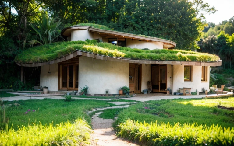 A photograph of a symmetrical contemporary house with (((one hyperbolic paraboloid green roof))) and (((biological pool))) and ((base wall foundation)) in a tropical backyard, with high roof and long eaves, mustard yellow terracota plaster walls (((rustic clay stucco))), ((corner walls rounded)), ((rustic clay plaster)), (((terracotta walls with rounded corners, organic curves))), (((rustic earth plaster, mud))), (((hyperbolic-shaped green roof with wooden edge))), (((wooden roof structure, wooden rake, wooden fascia board))), eaves, ((roof with wooden structure)), In Bahia (((tropical garden))), ((natural houses, organic buildings, organic architecture)), ecovillage, sustainable architecture, bioconstruction architecture, solarpunk architecture, (((grass roof, green roof, green wave roof, rounded roof, vegetated roofs))), (((rock base foundation wall, foundation height 30cm, stone base wall 30cm high))), ((green architecture)), passive house, clear sky in the background, painful beauty, modern, imposing, green house, ((Bali hobbit Hadid Style)), super resolution, cinematic, color grading, editorial photography, photography, photo shoot, (((dramatic front eye top angle view))), O 50mm, depth of field, intricate details, natural colors, sharp focus, warm light, shutter speed 1/1000, F/22, White Balance, Ray Trace Reflections, Lumen Reflections, Screen Space Reflections, Diffraction Rating, Chromatic Aberration, GB Shift, Partial Lighting, Backlighting, Daylighting, Scan Lines, ambient occlusion, antialiasing, shaders, OpenGL-Shaders, GLSL-Shaders, Post-processing, post-production, shading, tone mapping, incredibly detailed and complex, hypermaximalist, elegant, hyperrealistic, super detailed, dynamic pose, Fujifilm XT