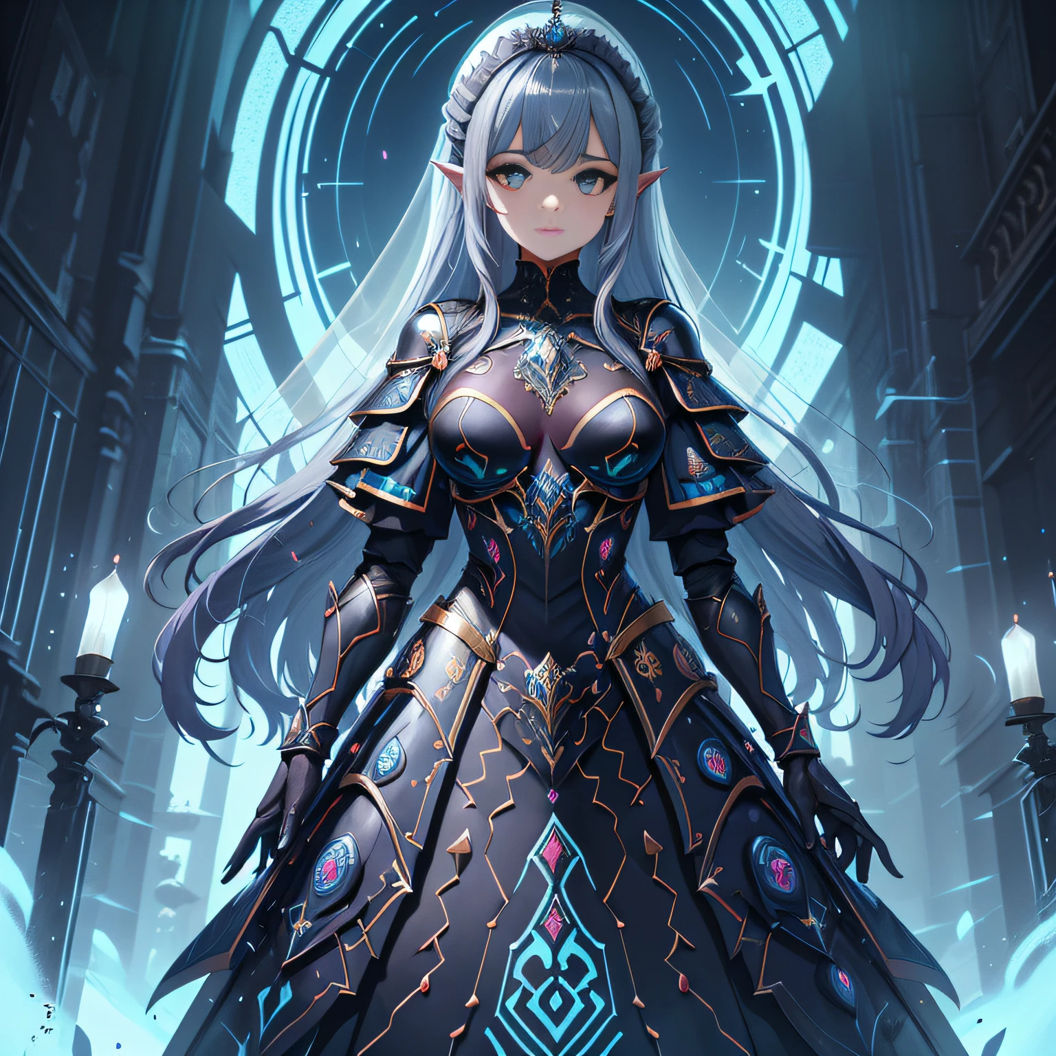 uma linda e misteriosa mulher sozinha no escuro, roupas escuras ou DOURADAS, na frente dela as palavras "No intimidation" na cor AZUL