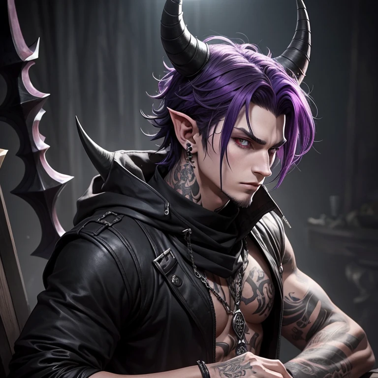 a humanoid boy with horns to Halos above their head one looking pitch black and that is floating above their head that is melting and one that is sort of floating that is up against that with the warns and horns that is a rose gold with blood colored gems in it as he sees me wearing black gloves with red ruins that looks almost like they were painted in blood wearing a red dress shirt that is buttoned up a black long the button-up vest as he sees the boy with pitch white skin rainbow eyes sharp almost like Stone teeth claws that are covered in blood on the ends of their fingers that are Pitch Black a very oval face with a long hair undercut flip to one side that is purple and pink wearing a rose gold with ruins in Emerald and diamonds and rubies around my neck gold chains that are floating in the air attached to my arms and your Rainbow glowing ruins that look like they were scratched into my skin with Souls surrounding him was there clawed hands around his neck in anime style