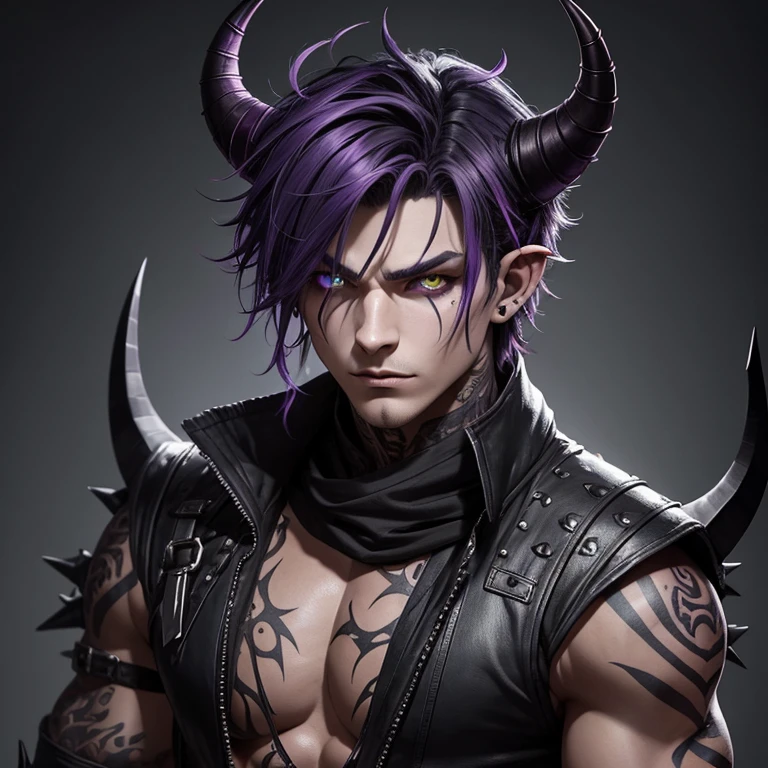 tiefling demon. dark grey short shaggy hair, smoky, layered horns, assassin, , piercings, spikes, facial piercings, purple skin tone, fantasy, medieval, boy, male, emo, large horns, rogue, light muscle tonnage, no lipstick, one broken horn, scars, tattoos, thick curled horns, soft features, fully clothed