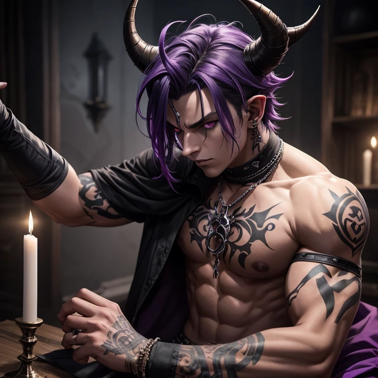 tiefling demon. dark grey short shaggy hair, smoky, layered horns, assassin, ************, piercings, spikes, facial piercings, purple skin tone,  fantasy, medieval, boy, male, emo, large horns, rogue, light muscle tonnage, no lipstick, one broken horn, scars, tattoos, thick curled horns, soft features, fully clothed