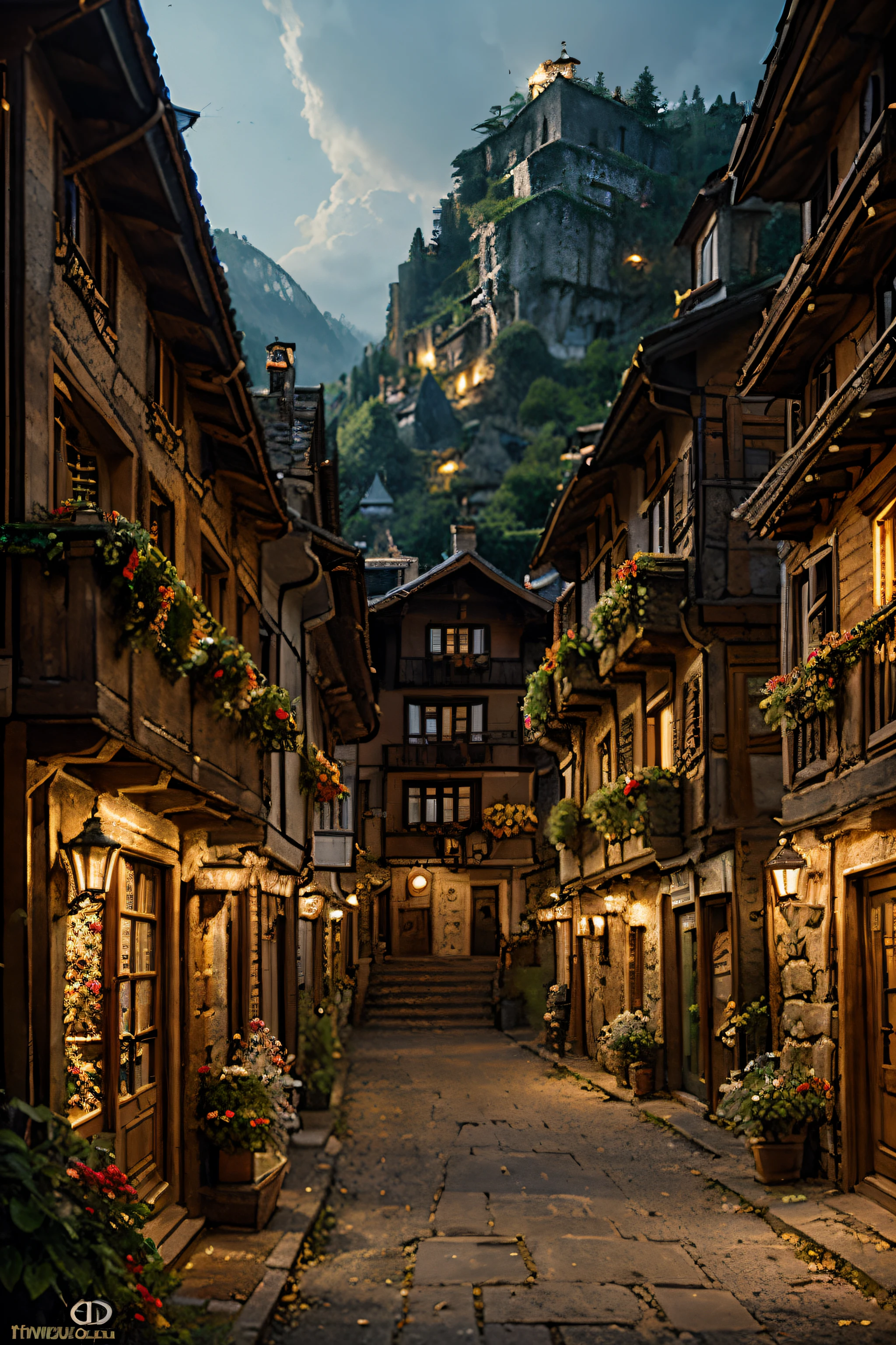 sharp details, a medieval village in switzerland in Christmas season, at night, mess jungle in background, ornate, beautiful, atmosphere, vibe, flowers, concept art illustration, greg rutowski, volumetric lighting, sunbeams, particles, colorful clothes, by Jean-Baptiste Monge, Gilles Beloeil, Tyler Edlin, Marek Okon, Pixar, album art, comic style, golden ratio, perfect composition, a masterpiece, trending on artstation, oversaturated, epic realistic, hdr, intricate details, rutkowski, intricate, cinematic, detailed