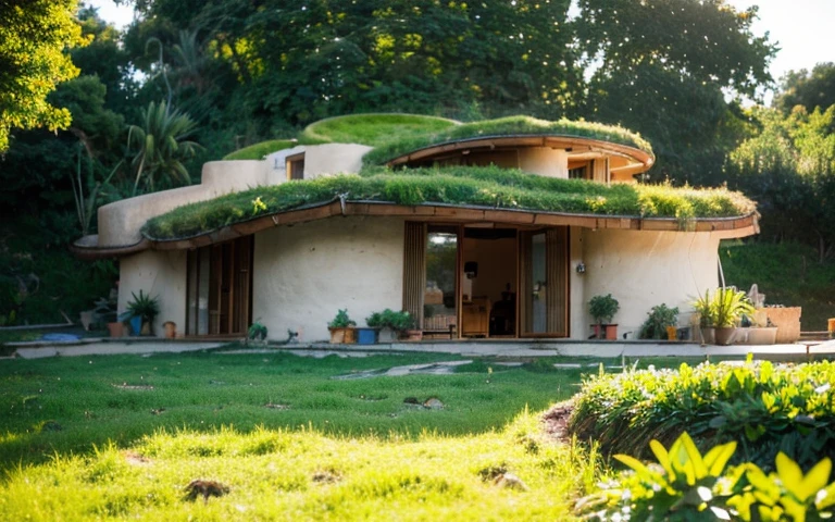 A photograph of a symmetrical contemporary house with (((one hyperbolic paraboloid green roof))) and (((biological pool))) and ((base wall foundation)) in a tropical backyard, with high roof and long eaves, mustard yellow terracota plaster walls (((rustic clay stucco))), ((corner walls rounded)), ((rustic clay plaster)), (((terracotta walls with rounded corners, organic curves))), (((rustic earth plaster, mud))), (((hyperbolic-shaped green roof with wooden edge))), (((wooden roof structure, wooden rake, wooden fascia board))), eaves, ((roof with wooden structure)), In Bahia (((tropical garden))), ((natural houses, organic buildings, organic architecture)), ecovillage, sustainable architecture, bioconstruction architecture, solarpunk architecture, (((grass roof, green roof, green wave roof, rounded roof, vegetated roofs))), (((rock base foundation wall, foundation height 30cm, stone base wall 30cm high))), ((green architecture)), passive house, clear sky in the background, painful beauty, modern, imposing, green house, ((Bali hobbit Hadid Style)), super resolution, cinematic, color grading, editorial photography, photography, photo shoot, (((dramatic front eye top angle view))), O 50mm, depth of field, intricate details, natural colors, sharp focus, warm light, shutter speed 1/1000, F/22, White Balance, Ray Trace Reflections, Lumen Reflections, Screen Space Reflections, Diffraction Rating, Chromatic Aberration, GB Shift, Partial Lighting, Backlighting, Daylighting, Scan Lines, ambient occlusion, antialiasing, shaders, OpenGL-Shaders, GLSL-Shaders, Post-processing, post-production, shading, tone mapping, incredibly detailed and complex, hypermaximalist, elegant, hyperrealistic, super detailed, dynamic pose, Fujifilm XT