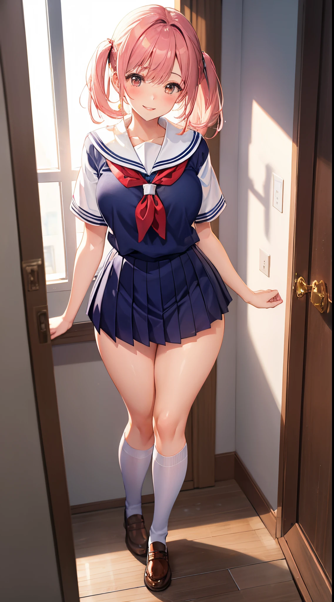 1girl in, Parted lips, blush, makeup, lightsmile, School uniform, Full body, Wide Angle, From above, crass room, llight rays, Glow, thighs thighs thighs thighs, 鎖骨, Narrow waist, (masutepiece)