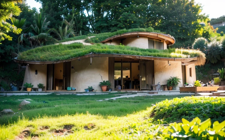 A photograph of a symmetrical contemporary house with (((one hyperbolic paraboloid green roof))) and (((biological pool))) and ((base wall foundation)) in a tropical backyard, with high roof and long eaves, mustard yellow terracota plaster walls (((rustic clay stucco))), ((corner walls rounded)), ((rustic clay plaster)), (((terracotta walls with rounded corners, organic curves))), (((rustic earth plaster, mud))), (((hyperbolic-shaped green roof with wooden edge))), (((wooden roof structure, wooden rake, wooden fascia board))), eaves, ((roof with wooden structure)), In Bahia (((tropical garden))), ((natural houses, organic buildings, organic architecture)), ecovillage, sustainable architecture, bioconstruction architecture, solarpunk architecture, (((grass roof, green roof, green wave roof, rounded roof, vegetated roofs))), (((rock base foundation wall, foundation height 30cm, stone base wall 30cm high))), ((green architecture)), passive house, clear sky in the background, painful beauty, modern, imposing, green house, ((Bali hobbit Hadid Style)), super resolution, cinematic, color grading, editorial photography, photography, photo shoot, (((dramatic front eye top angle view))), O 50mm, depth of field, intricate details, natural colors, sharp focus, warm light, shutter speed 1/1000, F/22, White Balance, Ray Trace Reflections, Lumen Reflections, Screen Space Reflections, Diffraction Rating, Chromatic Aberration, GB Shift, Partial Lighting, Backlighting, Daylighting, Scan Lines, ambient occlusion, antialiasing, shaders, OpenGL-Shaders, GLSL-Shaders, Post-processing, post-production, shading, tone mapping, incredibly detailed and complex, hypermaximalist, elegant, hyperrealistic, super detailed, dynamic pose, Fujifilm XT