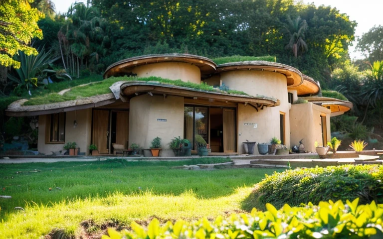 A photograph of a symmetrical contemporary house with (((one hyperbolic paraboloid green roof))) and (((biological pool))) and ((base wall foundation)) in a tropical backyard, with high roof and long eaves, mustard yellow terracota plaster walls (((rustic clay stucco))), ((corner walls rounded)), ((rustic clay plaster)), (((terracotta walls with rounded corners, organic curves))), (((rustic earth plaster, mud))), (((hyperbolic-shaped green roof with wooden edge))), (((wooden roof structure, wooden rake, wooden fascia board))), eaves, ((roof with wooden structure)), In Bahia (((tropical garden))), ((natural houses, organic buildings, organic architecture)), ecovillage, sustainable architecture, bioconstruction architecture, solarpunk architecture, (((grass roof, green roof, green wave roof, rounded roof, vegetated roofs))), (((rock base foundation wall, foundation height 30cm, stone base wall 30cm high))), ((green architecture)), passive house, clear sky in the background, painful beauty, modern, imposing, green house, ((Bali hobbit Hadid Style)), super resolution, cinematic, color grading, editorial photography, photography, photo shoot, (((dramatic front eye top angle view))), O 50mm, depth of field, intricate details, natural colors, sharp focus, warm light, shutter speed 1/1000, F/22, White Balance, Ray Trace Reflections, Lumen Reflections, Screen Space Reflections, Diffraction Rating, Chromatic Aberration, GB Shift, Partial Lighting, Backlighting, Daylighting, Scan Lines, ambient occlusion, antialiasing, shaders, OpenGL-Shaders, GLSL-Shaders, Post-processing, post-production, shading, tone mapping, incredibly detailed and complex, hypermaximalist, elegant, hyperrealistic, super detailed, dynamic pose, Fujifilm XT