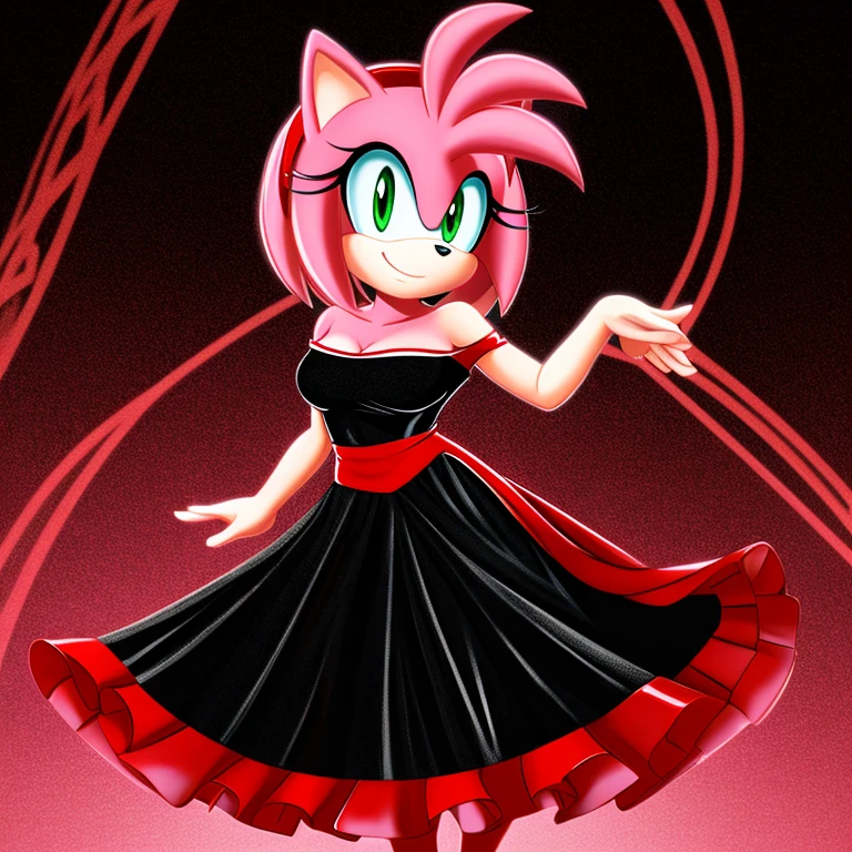 Amy Rose as a Flamenco Dancer, smile, black dress, black off-the-shoulder dress, long skirt, upper body, 1990s Abstract Background.