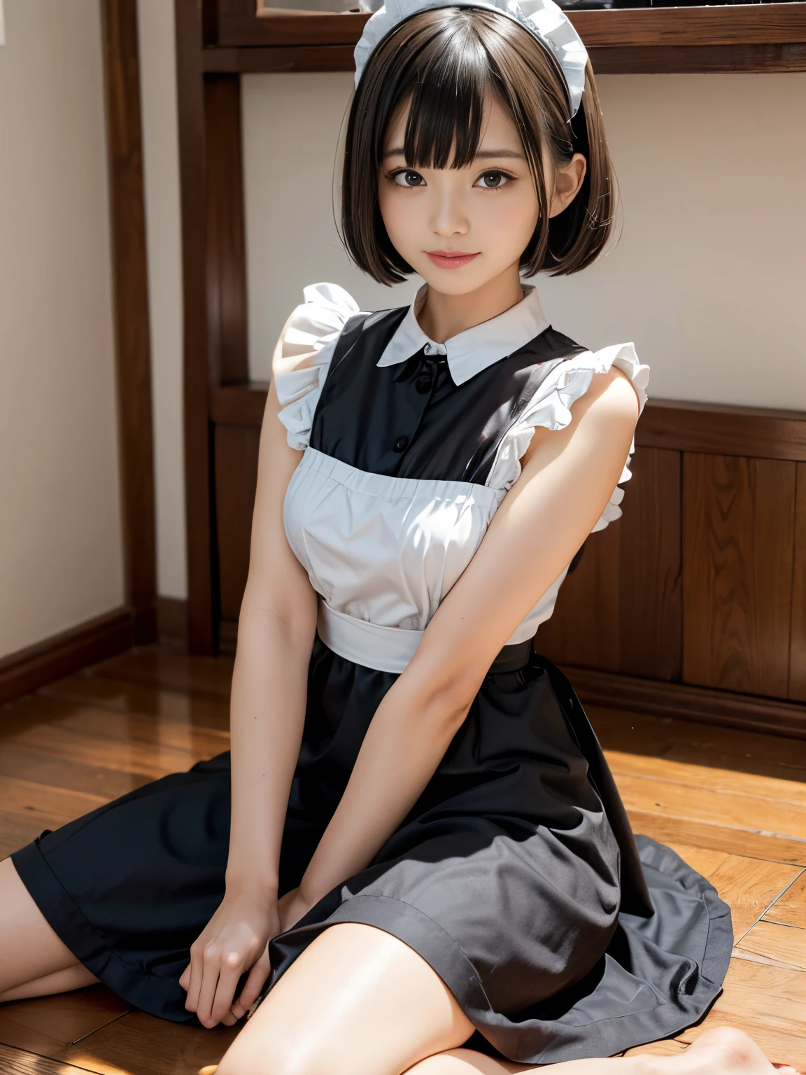 masterpiece、ultra-detailliert、8K、Awesome、Shorthair with bangs、Black Maid Outfit、Maid Cafe、smil、Sitting upright on the floor、Open legs