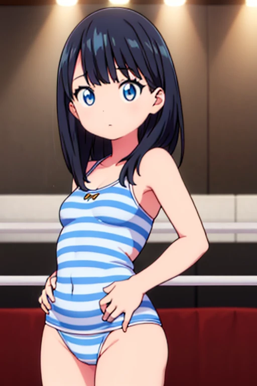 独奏,masutepiece, Best Quality, Extremely detailed,Striped one-piece swimsuit made of lace material,Stand in the ring of professional wrestling,Black hair straight,15years old pretty girl,Pose with hands on hips