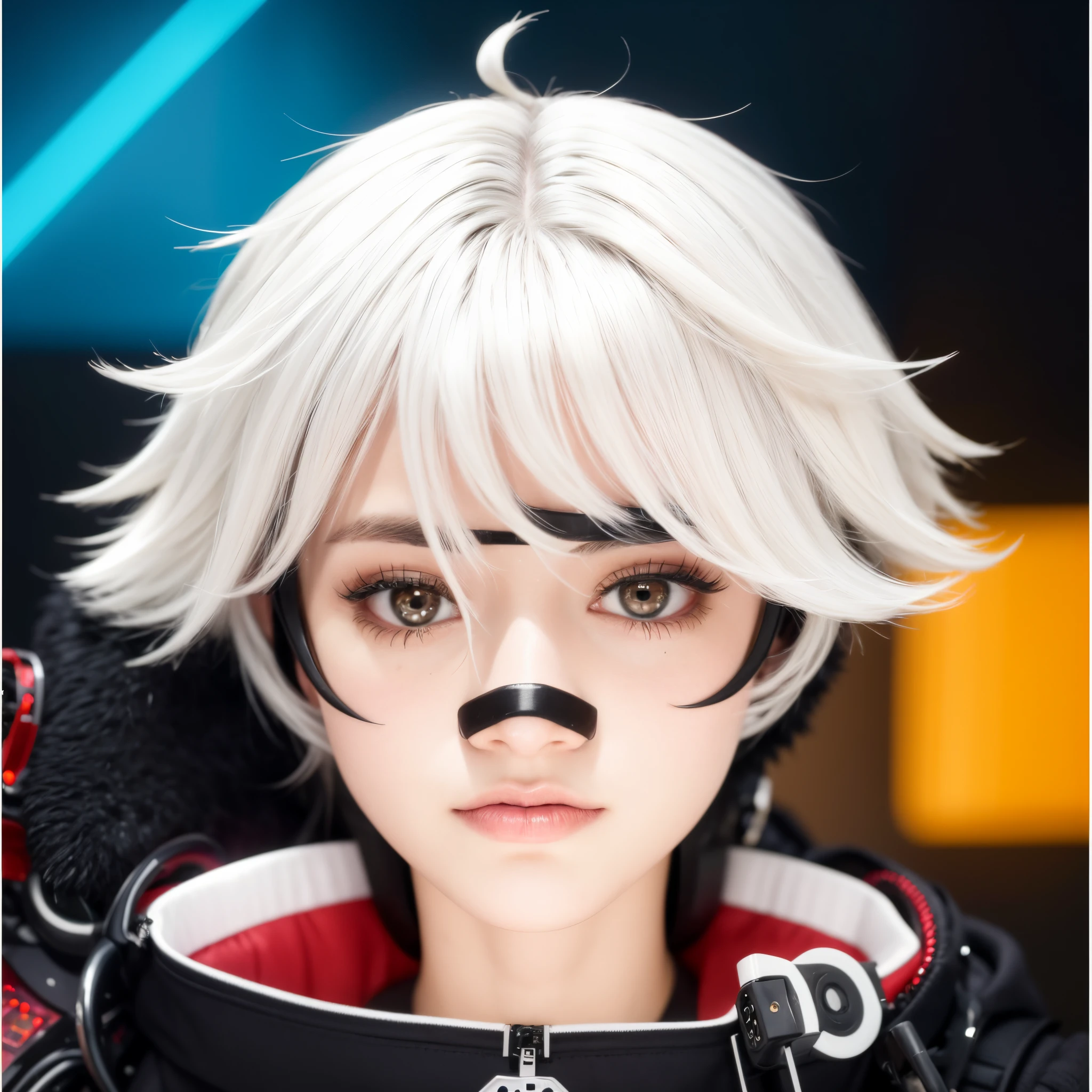 Adult man with white and black hair,  olhos vermelhos, band-aid preto no nariz, um brinco cruz azul na orelha esquerda, usando uma jaqueta cyberpunk preta com detalhes vermelhos, em um fundo cyberpunk