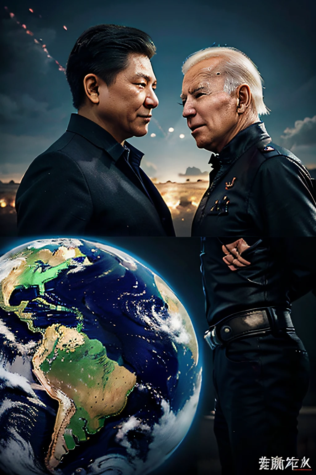 Generate Xi Jinping and Joe Biden looking at eachother in a menacing way. They are infront of the planet earth. As they look at eachother, their economic battle for power happens on the planet. Generate factories on the planet, ships, point out factions such as the EU, Taiwan and Africa.