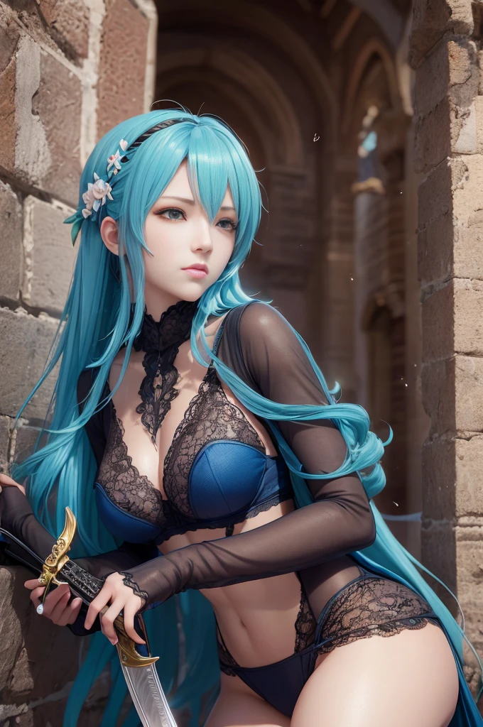 Ultra-detailed and complex 3D rendering of beautiful anime characters, Beautiful Soft Studio Lights, Rim Light, vibrant detail,Luxurious, Lace, Hyper-realistic, Blue hair, Show an intimate part in the medieval world of ultra-realism, Holding a sword