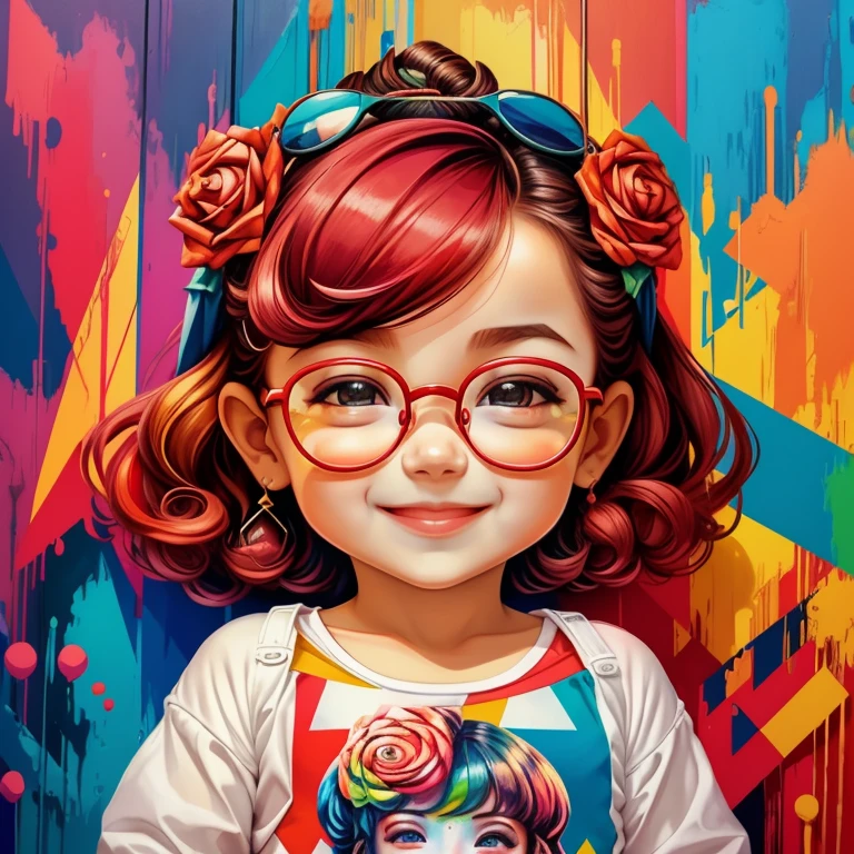 (cute  girl smiling with and glasses and big lollipop) stylized identical to 1940 |)), acolchoamento ,multidimensional geometric wall PORTRAIT, arte, Chibi,
Yang016K, lindo,(( cor vermelha predominante, rosa e branco))
Primary works, qualidade superior, melhor qualidade, Arte Oficial, Beautiful and Aesthetic,),  Eduardo Kobra acolchoamento ,multidimensional geometric wall PORTRAIT, arte, Chibo,detalhes
