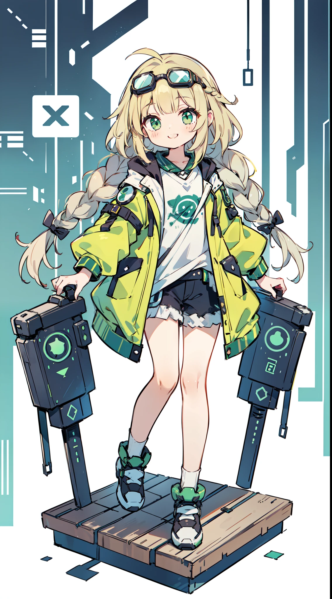 1 girl in、((FULL-BODY ESBIAN、Standing Picture:1.2)), top-quality、On the table、Brown double braid, Long hairs,, Mechanical goggles、Green eyes,Green punk jacket、Slightly open smile、white backgrounid,punky style