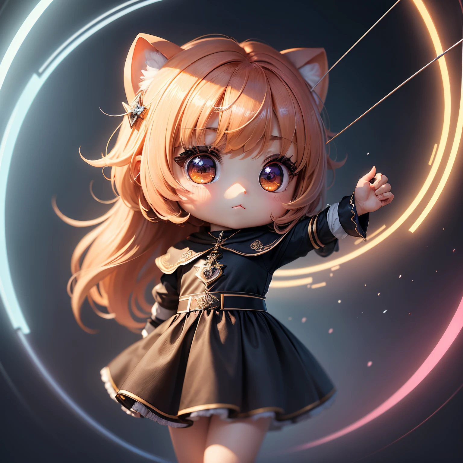 masterpiece、top-quality、ultra-detailliert、(Chibi Chara's Daughter:1.2)、Triangle is a metal circle bent into a triangle.。 Typically,Played on a thin metal rod of the same type, suspended from a string.。 a musical instrument with a high resonance。The background is orchestra。