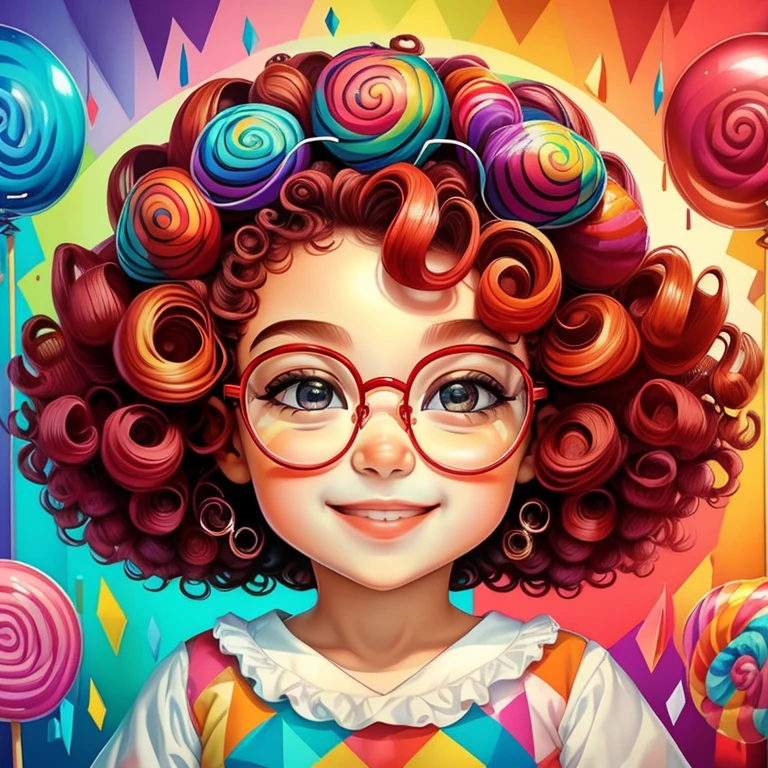 (cute baby girl smiling with curly hair, glasses and big lollipop) stylized identical to 1940 |)), acolchoamento ,multidimensional geometric wall PORTRAIT, arte, Chibi,
Yang016K, lindo,(( cor vermelha predominante, rosa e branco))
Primary works, qualidade superior, melhor qualidade, Arte Oficial, Beautiful and Aesthetic,), Eduardo Kobra acolchoamento ,multidimensional geometric wall PORTRAIT, arte, Chibo,detalhes