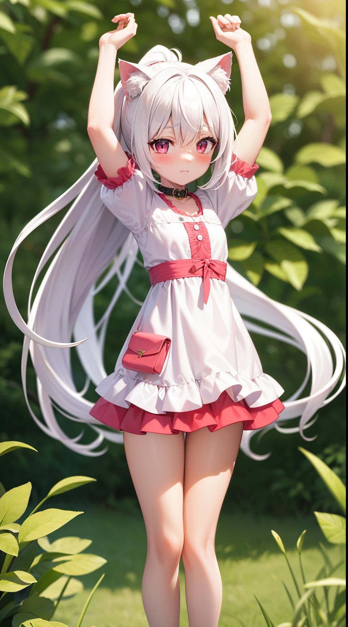 cat girl, cat tail, white hair, long hair, ponytail, pink eyes, blush, shy, arms up