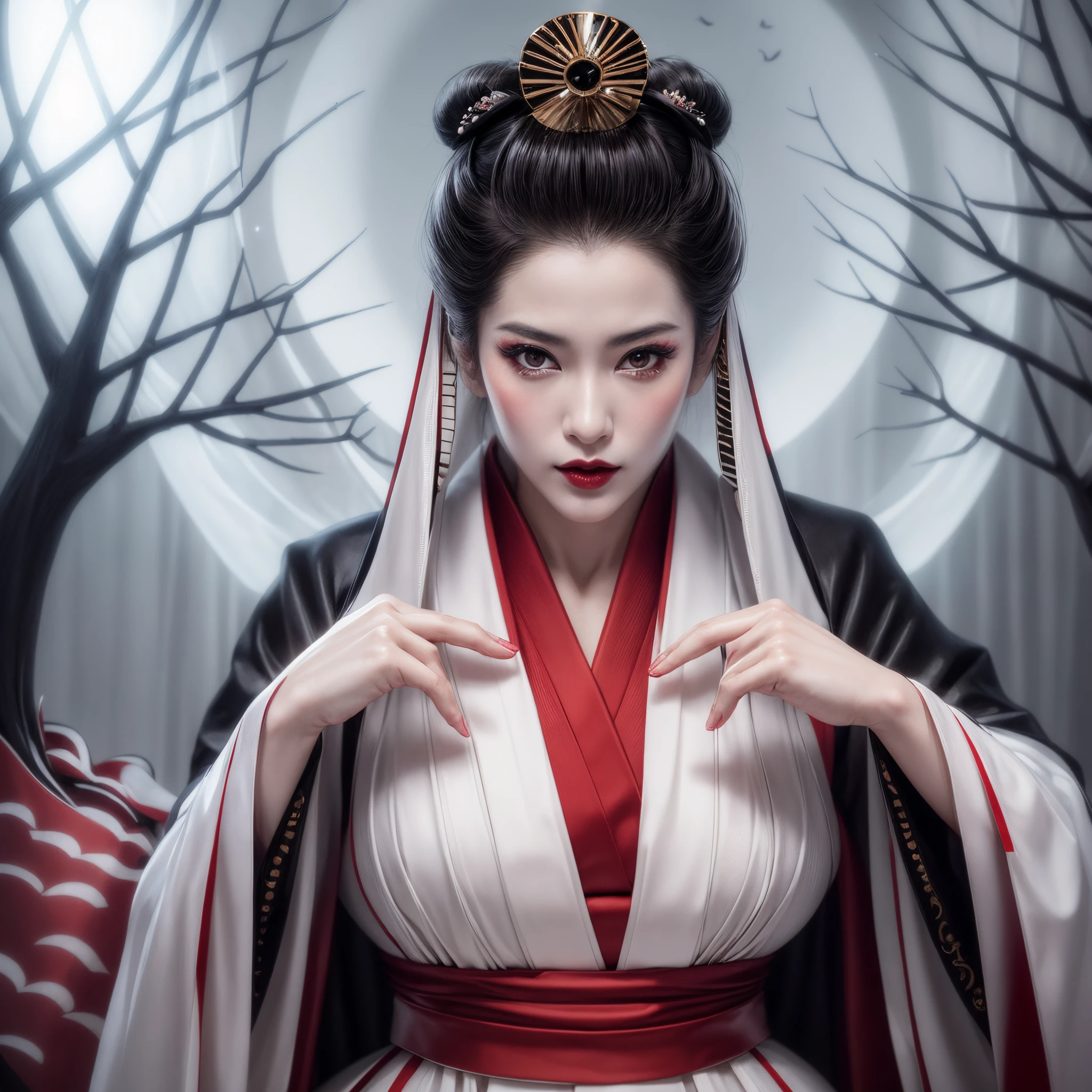 Masterpiece, a beautiful geisha, with black hair, full lips, full breasts, silky and pale skin (with makeup), wearing buns on her head and a flower and a white veil, wearing a white kimono with red lapels, with a full moon in the background in the night sky , with two dry trees by her side, Gothic Japanese Goddess, hyperrealistic geisha lady in white,, Photorealistic portrait of a gothic beautiful geisha, a beautiful underworld geisha art, Realistic japanese art style of intricate details, Gothic beauty geisha, Stunning portrait of the geisha queen of the underworld.