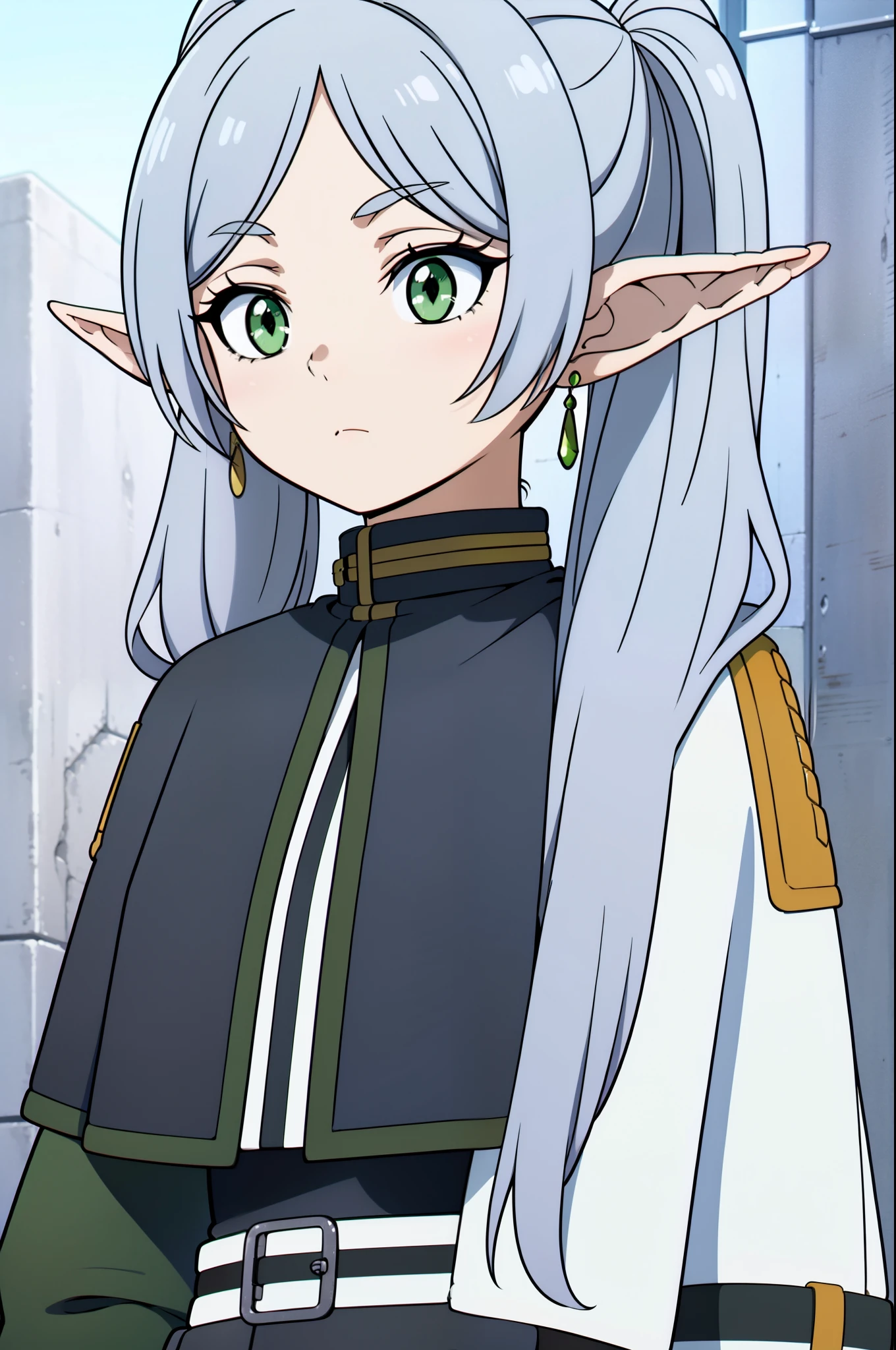 masterpiece, illustration, best quality, 8k, 1girl, solo, frieren, long hair, twintails, (green eyes:1.2), grey hair, pointy ears, elf, serious, calm behaviour, inexpressive, small breasts, capelet, jacket, striped shirt, belt, skirt, pantyhose, boots,, ((close-up)), upper body