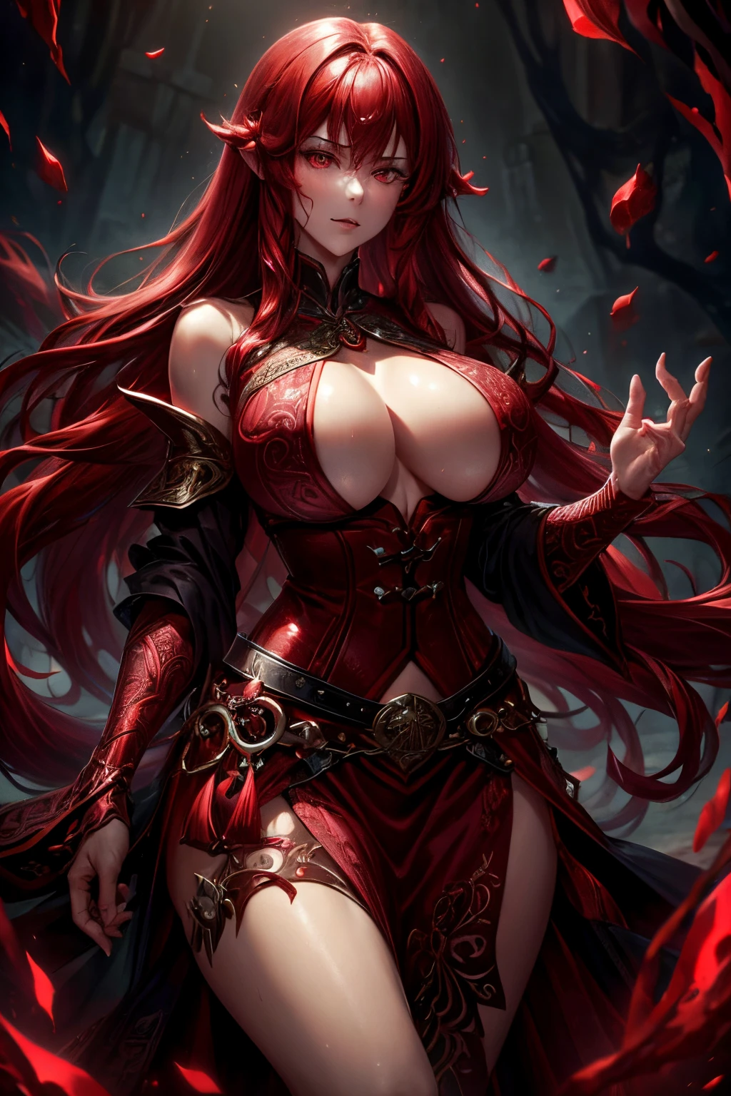 Red hair, wavy hair, slim body, large chest, huge boobs, big chest, bodacious, tanned skin, priestess, dark fantasy, female, corset, dress, armour, temple, skirt, long hair, black and red clothes, whip in one hand