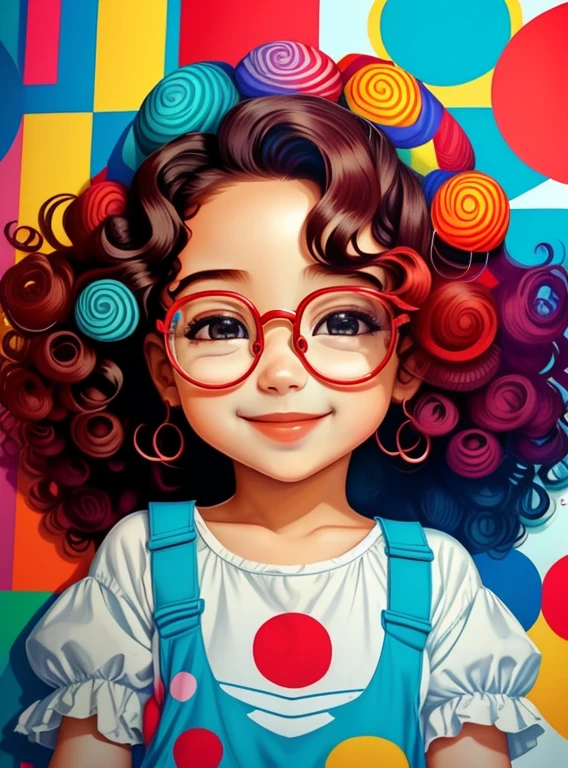 (cute baby girl smiling with curly hair, glasses and big lollipop) stylized identical to 1940 |)), acolchoamento ,multidimensional geometric wall PORTRAIT, arte, Chibi,
Yang016K, lindo,(( cor vermelha predominante, azul e branco))
Primary works, qualidade superior, melhor qualidade, Arte Oficial, Beautiful and Aesthetic,),  Eduardo Kobra acolchoamento ,multidimensional geometric wall PORTRAIT, arte, Chibo,detalhes