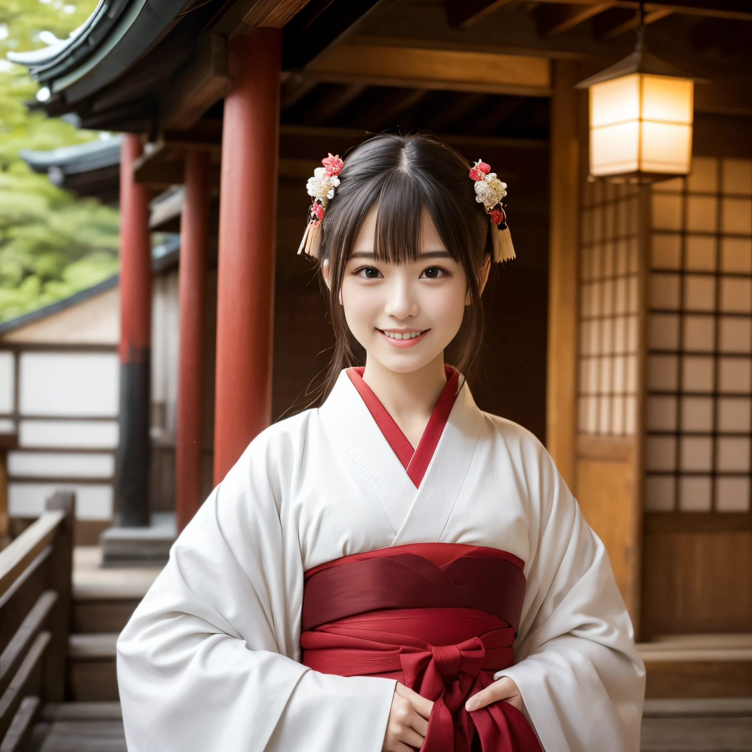 ((top-quality、masutepiece、8K、Top image quality))、Japanese shrine maiden of the Edo period、Japan hair ornament、shrine maiden&#39;s white coat、Chihaya the Shrine Maiden、Shrine maiden&#39;s red hakama、long red hakama、Perfect red and white shrine maiden costume、ancient japanese atmosphere、classic and classical shrine maiden、classic vibes、Cinematic depiction、classic shrine maiden、Full of Japanese atmosphere from the Edo period、View me、Elegant smile、Upper Body Photo、Perfectly recreates the atmosphere of Japan during the Edo period