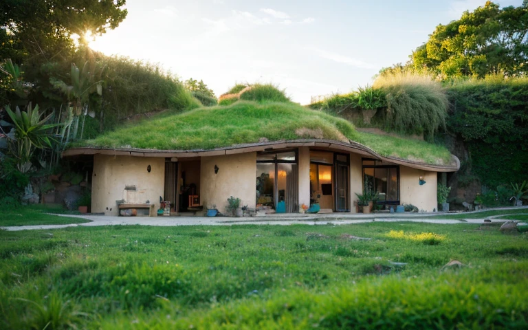 A photograph of a symmetrical contemporary house with (((one hyperbolic paraboloid green roof))) and (((biological pool))) and ((base wall foundation)) in a tropical backyard, with high roof and long eaves, mustard yellow terracota plaster walls (((rustic clay stucco))), ((corner walls rounded)), ((rustic clay plaster)), (((terracotta walls with rounded corners, organic curves))), (((rustic earth plaster, mud))), (((hyperbolic-shaped green roof with wooden edge))), (((wooden roof structure, wooden rake, wooden fascia board))), eaves, ((roof with wooden structure)), In Bahia (((tropical garden))), ((natural houses, organic buildings, organic architecture)), ecovillage, sustainable architecture, bioconstruction architecture, solarpunk architecture, (((grass roof, green roof, green wave roof, rounded roof, vegetated roofs))), (((rock base foundation wall, foundation height 30cm, stone base wall 30cm high))), ((green architecture)), passive house, clear sky in the background, painful beauty, modern, imposing, green house, ((Bali hobbit Hadid Style)), super resolution, cinematic, color grading, editorial photography, photography, photo shoot, (((dramatic front eye top angle view))), O 50mm, depth of field, intricate details, natural colors, sharp focus, warm light, shutter speed 1/1000, F/22, White Balance, Ray Trace Reflections, Lumen Reflections, Screen Space Reflections, Diffraction Rating, Chromatic Aberration, GB Shift, Partial Lighting, Backlighting, Daylighting, Scan Lines, ambient occlusion, antialiasing, shaders, OpenGL-Shaders, GLSL-Shaders, Post-processing, post-production, shading, tone mapping, incredibly detailed and complex, hypermaximalist, elegant, hyperrealistic, super detailed, dynamic pose, Fujifilm XT