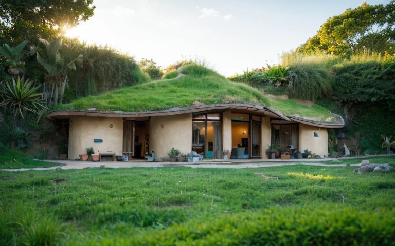 A photograph of a symmetrical contemporary house with (((one hyperbolic paraboloid green roof))) and (((biological pool))) and ((base wall foundation)) in a tropical backyard, with high roof and long eaves, mustard yellow terracota plaster walls (((rustic clay stucco))), ((corner walls rounded)), ((rustic clay plaster)), (((terracotta walls with rounded corners, organic curves))), (((rustic earth plaster, mud))), (((hyperbolic-shaped green roof with wooden edge))), (((wooden roof structure, wooden rake, wooden fascia board))), eaves, ((roof with wooden structure)), In Bahia (((tropical garden))), ((natural houses, organic buildings, organic architecture)), ecovillage, sustainable architecture, bioconstruction architecture, solarpunk architecture, (((grass roof, green roof, green wave roof, rounded roof, vegetated roofs))), (((rock base foundation wall, foundation height 30cm, stone base wall 30cm high))), ((green architecture)), passive house, clear sky in the background, painful beauty, modern, imposing, green house, ((Bali hobbit Hadid Style)), super resolution, cinematic, color grading, editorial photography, photography, photo shoot, (((dramatic front eye top angle view))), O 50mm, depth of field, intricate details, natural colors, sharp focus, warm light, shutter speed 1/1000, F/22, White Balance, Ray Trace Reflections, Lumen Reflections, Screen Space Reflections, Diffraction Rating, Chromatic Aberration, GB Shift, Partial Lighting, Backlighting, Daylighting, Scan Lines, ambient occlusion, antialiasing, shaders, OpenGL-Shaders, GLSL-Shaders, Post-processing, post-production, shading, tone mapping, incredibly detailed and complex, hypermaximalist, elegant, hyperrealistic, super detailed, dynamic pose, Fujifilm XT