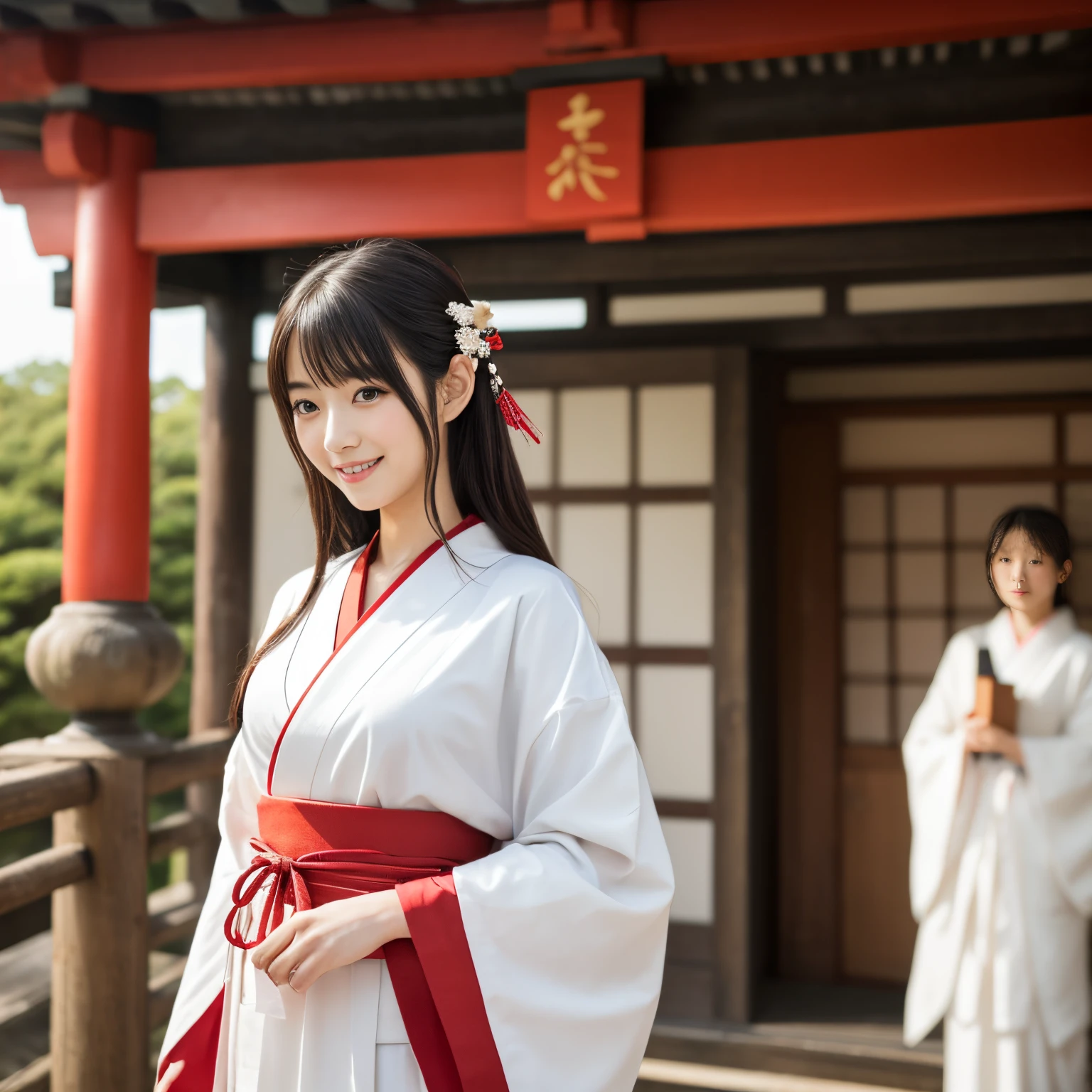 ((top-quality、masutepiece、8K、Top image quality))、Japanese shrine maiden of the Edo period、Japan hair ornament、shrine maiden's white coat、Chihaya the Shrine Maiden、Shrine maiden's red hakama、long red hakama、Perfect red and white shrine maiden costume、ancient japanese atmosphere、classic and classical shrine maiden、classic vibes、Cinematic depiction、classic shrine maiden、Full of Japanese atmosphere from the Edo period、View me、Elegant smile、Upper Body Photo、Perfectly recreates the atmosphere of Japan during the Edo period