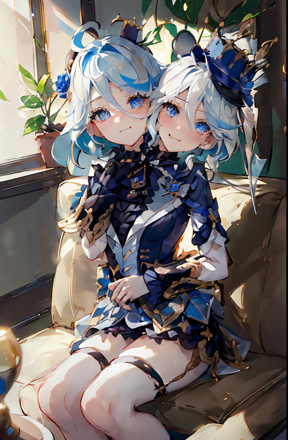 (2heads:1.5), (furina:1.5), Surrealism, 8k, super detail, hydro aarchon, sitting, bratty face, smug, beautiful eyes, genshin, masterpiece, best quality, ultra-detailed, illustration, epic lighting, cinematic composition, isometric, 1girl, solo, cute,enchanting gaze, indoors, looking at viewer, blush, seductive smile, closed mouth, bratty, smug(8k:1.1), hat flower, blue rose, tilted headwear