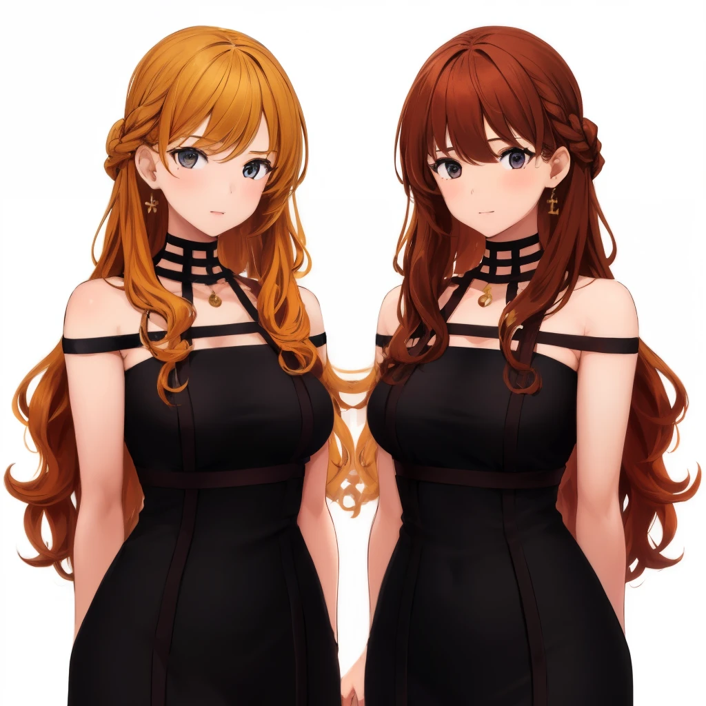 2girls, duo, twins, standing shoulder-to-shoulder, age woman, brown hair, blonde hair, long curly hair, matching hairstyles, different hair colors, hair down, hazel eyes, dress, white background, best quality, highly detailed