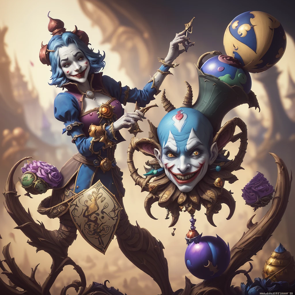 there is a card with a joker face on it surrounded by magic balls , michael cheval (unreal engine, collectible card art, 8k high quality detailed art, jester themed, fantasy card game art, medieval jester, anton fadeev 8 k, hyper real render, hearthstone card artwork, 8k render”, hearthstone card art, trending on artstation 4k
