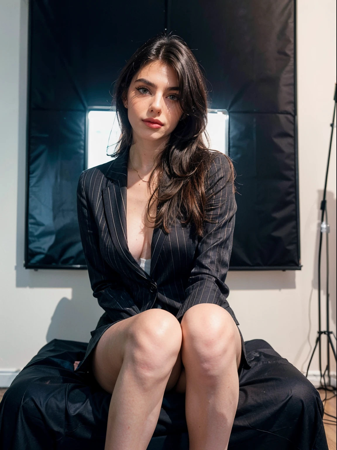 zoom out, photografic studio lights, with bright neon light, fogs behind, cinematic construction set, hyper detailed, photorealistic, stunning Gaia Nobile posing,18 years old, blue eyes brown hair, large chest, looking at the viewer, makeup, uppser body,hair over one eye, (((sharp focus,black pinstripes business suit))) smiling, sitting like a top model on a blackchair, legs open, high heels. Fashion week vibes, studio photoshooting, velvet wall behind, very contrasted photo