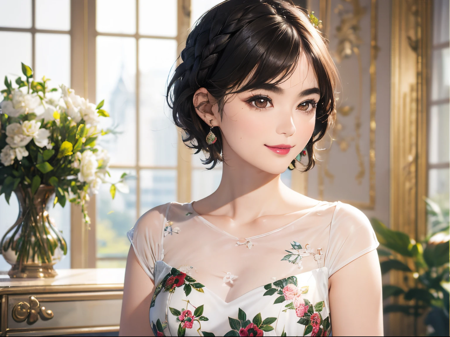 126
(a 20 yo woman,Art Works), (A hyper-realistic), (high-level image quality), ((beautiful hairstyle 46)), ((short-hair:1.46)), (Gentle smile), (breasted:1.1), (lipsticks), (florals), (Luxurious room), (Depth of field is deep), (a Dog,Dalmatian)