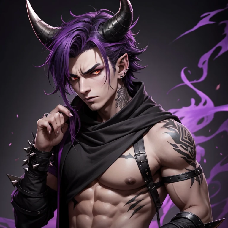 tiefling demon. dark grey short shaggy hair, smoky, layered horns, assassin, , piercings, spikes, facial piercings, purple skin tone, fantasy, medieval, boy, male, emo, large horns, rogue, light muscle tonnage, no lipstick, one broken horn, scars, tattoos, thick curled horns, soft features, shirt on, masculine, fem