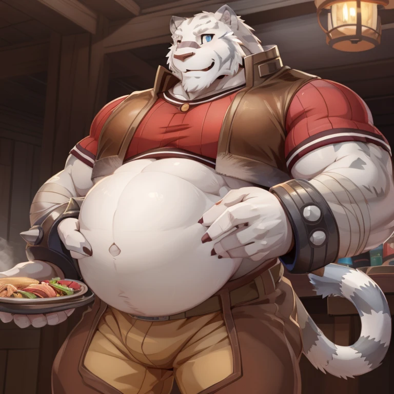 (mercenary (Zero Magic Book)), (White body), (gray bar), (ssmile), square, (gray scar), (shorter pants:1.1), tit, (eBlue eyes), hamburgers, (Hearty food:1.1),big pecs,My pregnant belly is so massive,No abdominal sagging,The belly is more prominent，obesity，No abs,smooth abdomen ,(White tiger tail:1.2), (Alone:1.2), The is very detailed, style of anime, cel shading, tmasterpiece ,(Best quality at best), empty,(Extremely detailed illustration), (Detailed CG),  (by null-ghost)