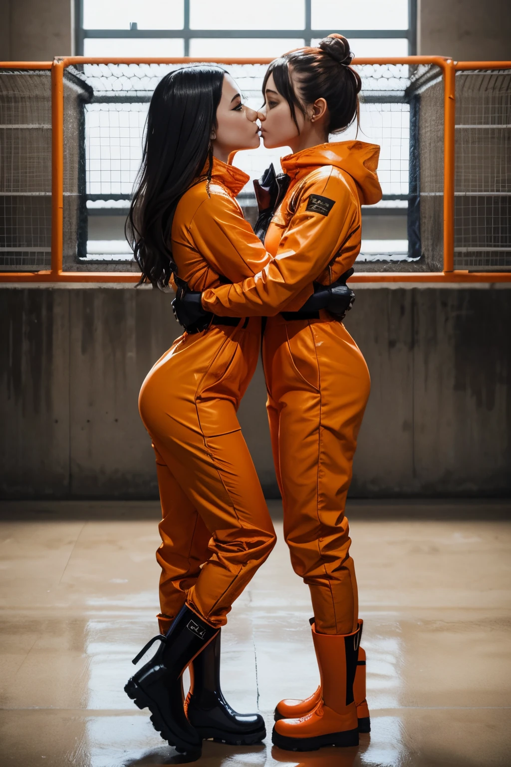 2 girls in jail, kissing eachother, wearing orange prison jumpsuits and black Hunter rubber boots, fullbody veiw