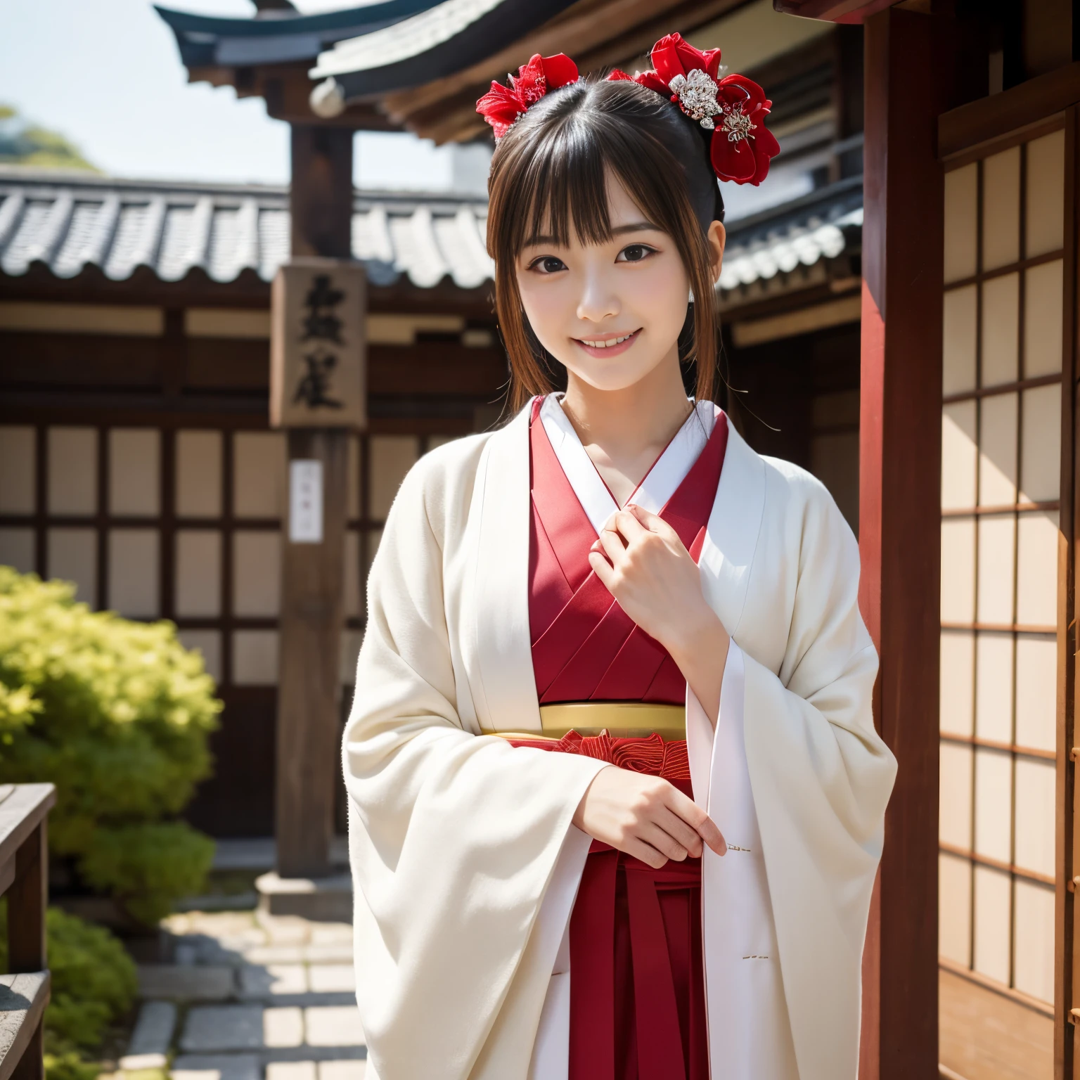 ((top-quality、masutepiece、8K、Top image quality))、Japanese shrine maiden of the Edo period、Japan hair ornament、shrine maiden'S white coat、Chihaya the Shrine Maiden、shrine maiden'red hakama、long red hakama、perfect red and white shrine maiden costume、ancient japanese atmosphere、classic and classic shrine maiden、classic vibes、Depiction of the film、classic shrine maiden、Full of Japanese atmosphere from the Edo period、View me、Elegant smile、Upper body photo、Perfectly recreates the atmosphere of Japan during the Edo period