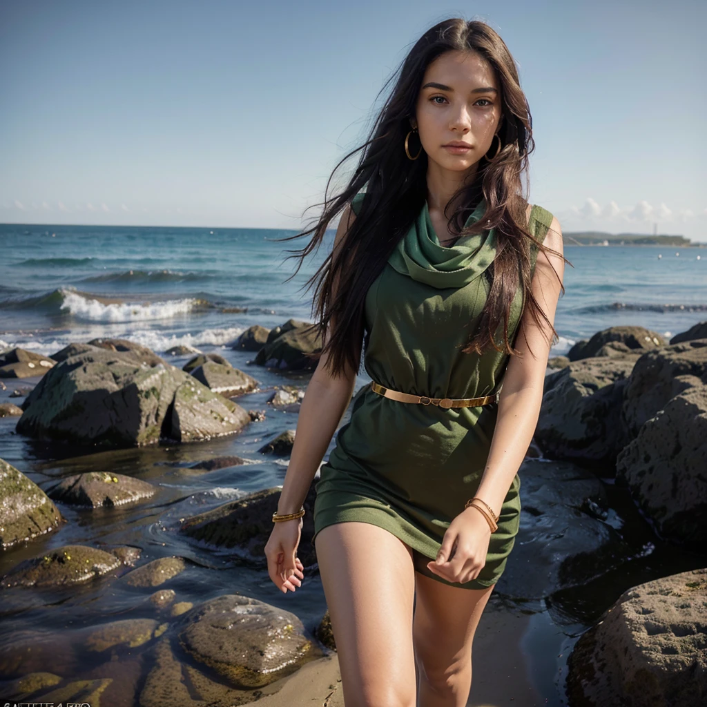 (one girl), Hanna, a 21 year old girl, 1.70 meters tall, weighs 49 kg, has very long and straight dark purple hair, has big green eyes, wears gold earrings and bracelets, always has a smartwatch on wrist, wearing a black dress and a scarf around her neck, walking by the sea, (hands hidden), ultra realistic style, (seed 3978045937)