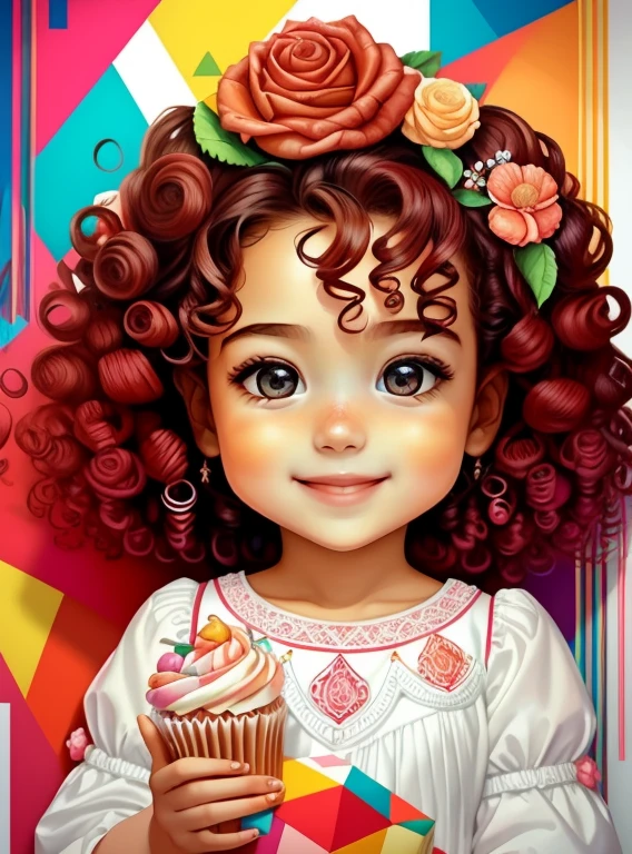 (cute baby girl smiling with curly hair, cupcakes and flowers) stylized identical to 1940 |)), acolchoamento ,multidimensional geometric wall PORTRAIT, arte, Chibi,
Yang016K, lindo,(( cor vermelha predominante, rosa e branco))
Primary works, qualidade superior, melhor qualidade, Arte Oficial, Beautiful and Aesthetic,), Eduardo Kobra acolchoamento ,multidimensional geometric wall PORTRAIT, arte, Chibo,detalhes