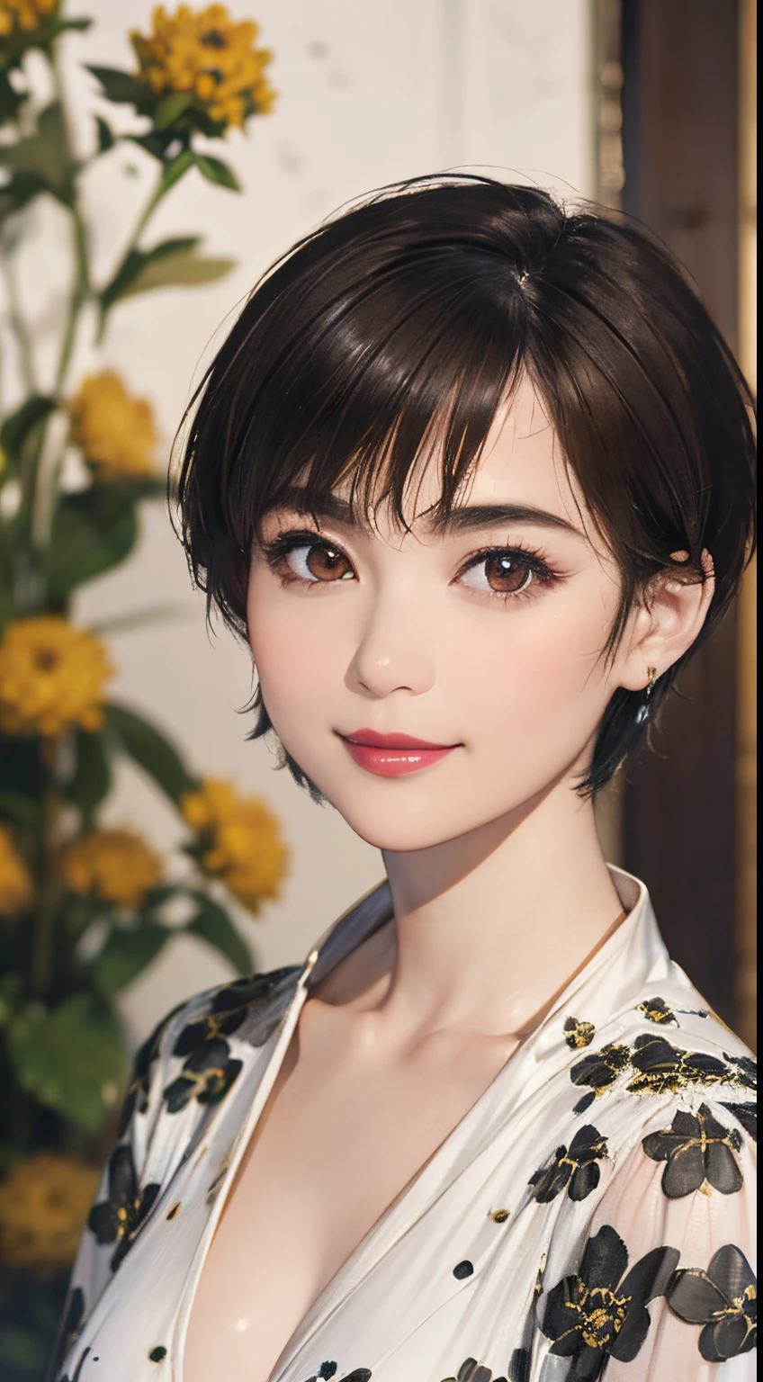 126
(a 20 yo woman,Art Works), (A hyper-realistic), (high-level image quality), ((beautiful hairstyle 46)), ((short-hair:1.46)), (Gentle smile), (breasted:1.1), (lipsticks), (florals), (Luxurious room), (Depth of field is deep), (a Dog,Dalmatian)