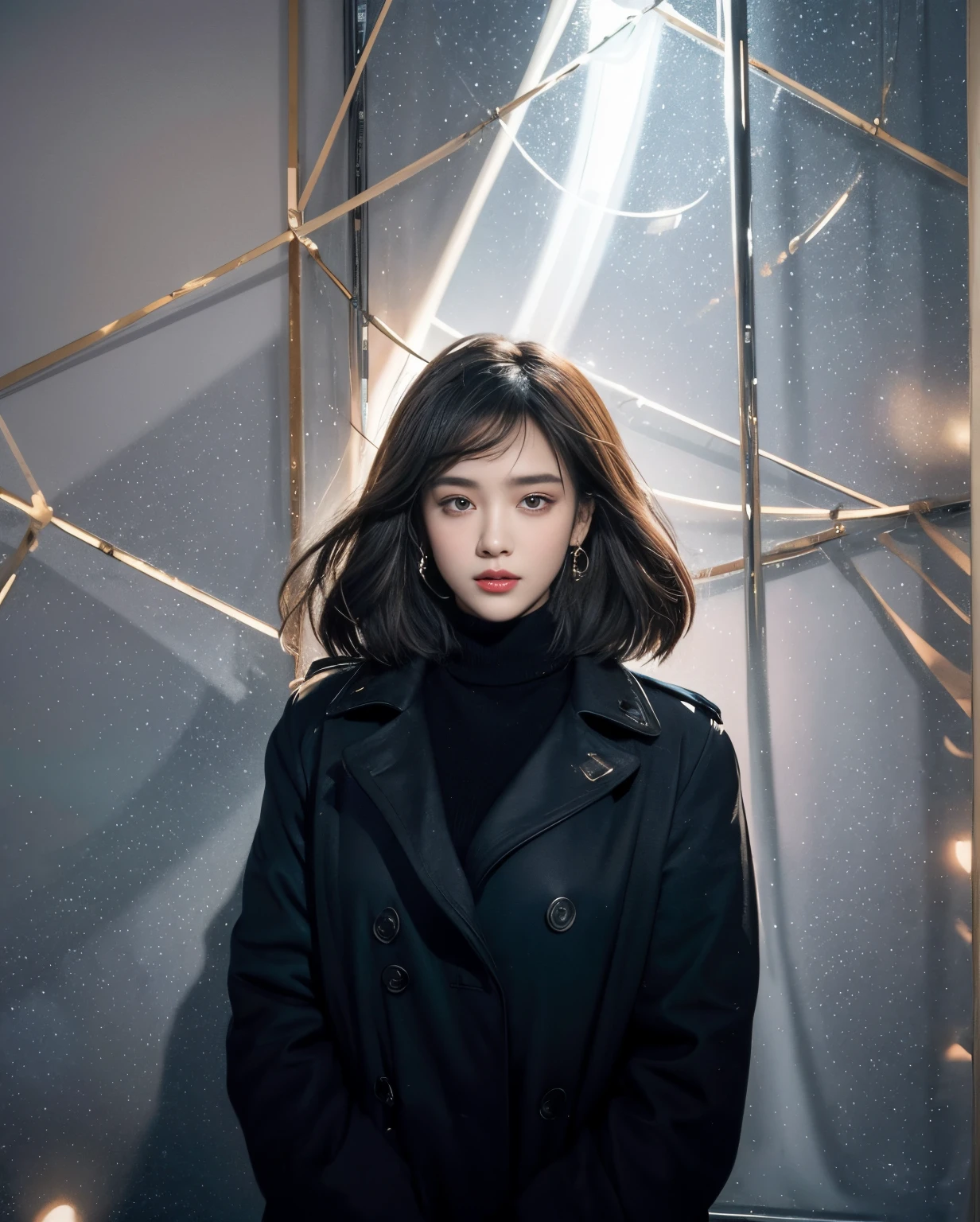 (Best quality, 8k, 32k, Masterpiece, UHD:1.2) "Produce a captivating art piece featuring a girl with a stylish bob haircut, illuminated by dramatic and cinematic lighting that accentuates the contours of her face and hair. Create an atmosphere that exudes intrigue and depth, with shadows and highlights playing a central role in defining the scene. The lighting should emphasize the girl's features and add an extra layer of drama to the composition, making it visually striking and evoking a sense of mystery and allure." stars, uiverse