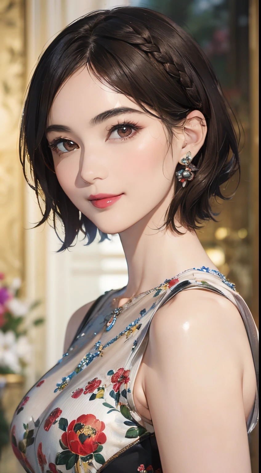 126
(a 20 yo woman,Art Works), (A hyper-realistic), (high-level image quality), ((beautiful hairstyle 46)), ((short-hair:1.46)), (Gentle smile), (breasted:1.1), (lipsticks), (florals), (Luxurious room), (Depth of field is deep), (a Dog,Dalmatian)
