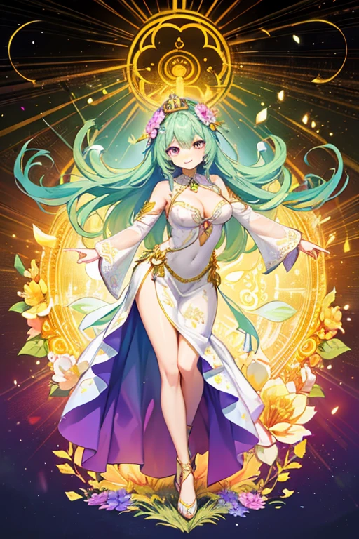 goddess of flowers, venusian goddess, solar goddess, dancing in a flower meadow with a dress made of flowers, mandala of light behind her, kalachakra, heart-opening smile, golden crown made of flowers, green-blue hair, fuschia eyes, light radiating from her heart, kobato anime style
