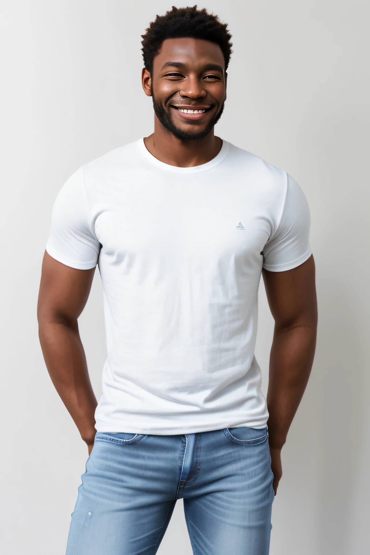 Homem feliz de frente, super-realista, meio comprimento, vestindo uma camiseta branca longa sem desenho, vestindo jeans, fundo completamente branco estilo png, homem bonito, altamente realista, pele negra, cabelo preto