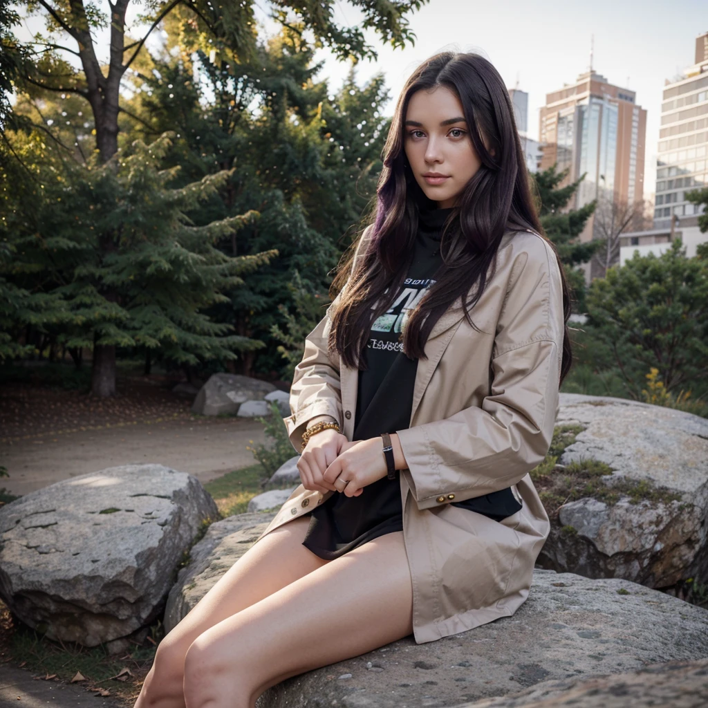 (one girl), Hanna, a 21 year old girl, 1.70 meters tall, weighs 49 kg, has very long and straight dark purple hair, has big green eyes, wears gold earrings and bracelets, always has a smartwatch on wrist, wearing winter clothes, sitting on a large piece of rock in a park, (hands hidden), ultra realistic style, (seed 3978045937)